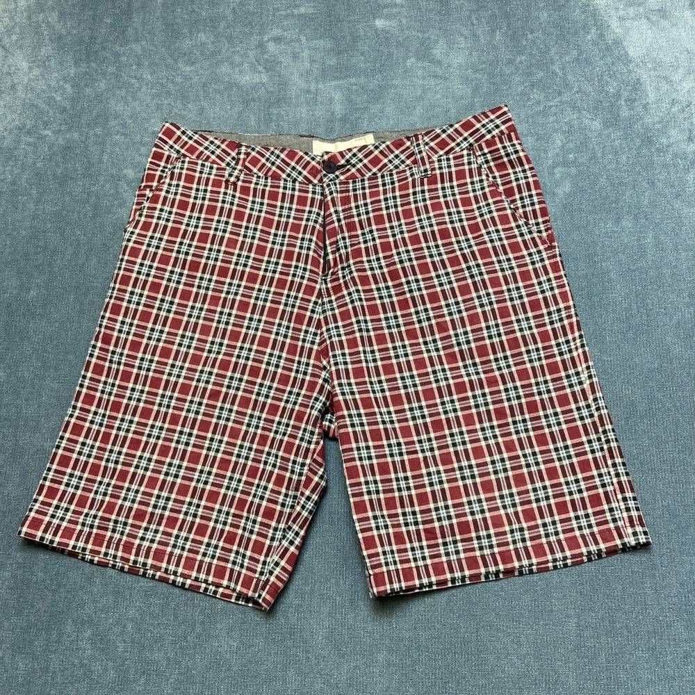 Ezekiel Chino Shorts Mens 34 Red Plaid Flat Front Mid Rise Khaki Fit Casual Wear